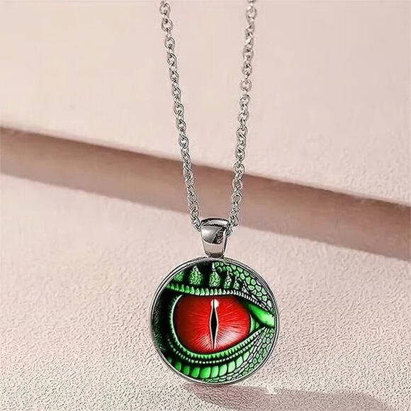 Silver DRAGONS EYE Glass Cabochon Pendant Necklace - Picture 2 of 4